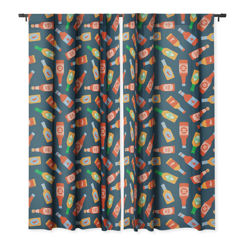 Little Arrow Design Co hot sauces bottles on blue Blackout Window Curtain