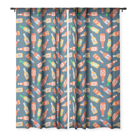 Little Arrow Design Co hot sauces bottles on blue Sheer Window Curtain