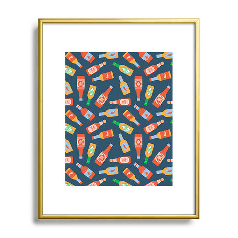 Little Arrow Design Co hot sauces bottles on blue Metal Framed Art Print
