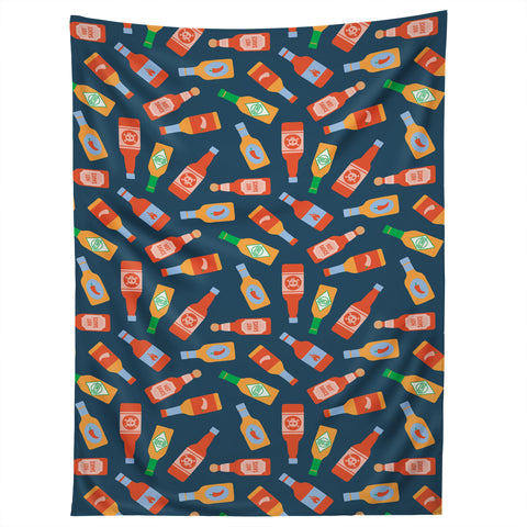 Little Arrow Design Co hot sauces bottles on blue Tapestry