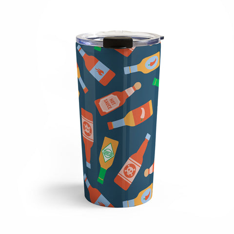 Little Arrow Design Co hot sauces bottles on blue Travel Mug