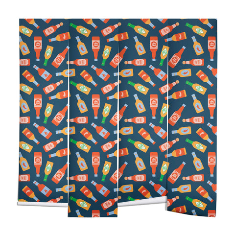 Little Arrow Design Co hot sauces bottles on blue Wall Mural