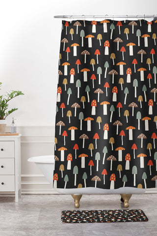 Little Arrow Design Co mushrooms on charcoal Shower Curtain And Mat