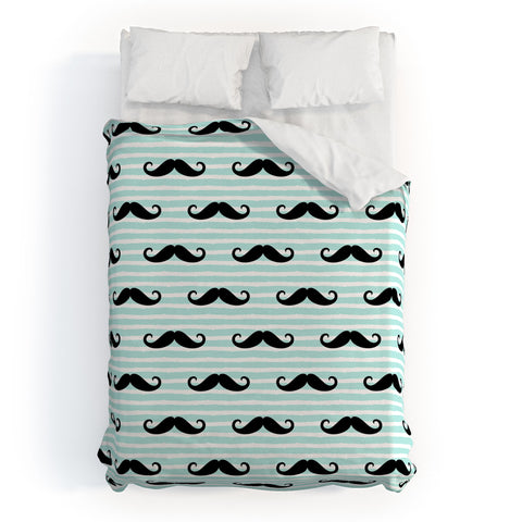 Little Arrow Design Co mustaches on blue stripes Duvet Cover