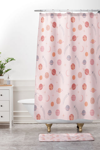 Little Arrow Design Co Planets Outer Space on pink Shower Curtain And Mat