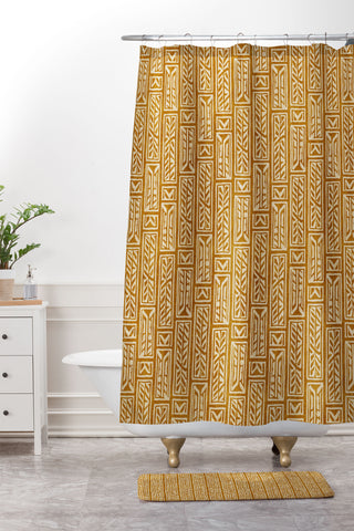 Little Arrow Design Co rayleigh feathers mustard Shower Curtain And Mat