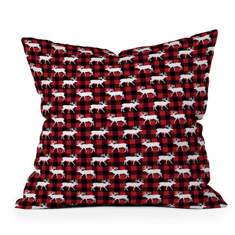 Little Arrow Design Co reindeer on buffalo plaid Outdoor Throw Pillow