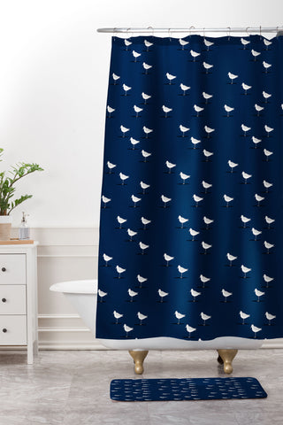 Little Arrow Design Co Sandpipers on navy Shower Curtain And Mat