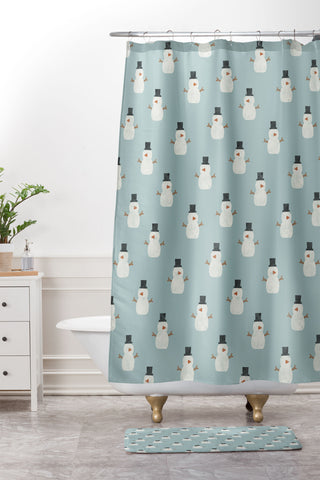 Little Arrow Design Co simple snowmen dusty blue Shower Curtain And Mat
