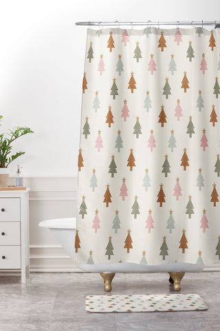 Little Arrow Design Co simple xmas trees multicolor Shower Curtain And Mat