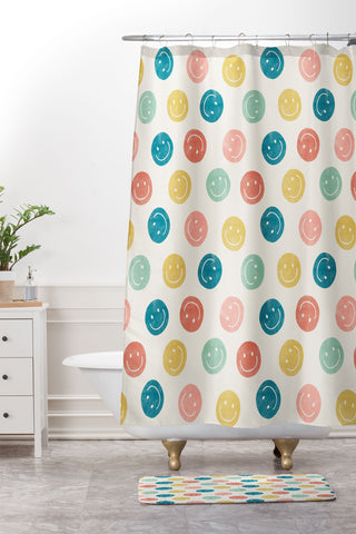Little Arrow Design Co smiley faces multicolor Shower Curtain And Mat