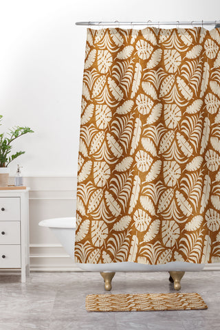 Little Arrow Design Co tropical leaves honey Shower Curtain And Mat