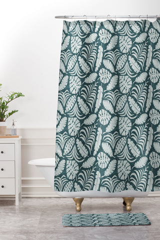 Little Arrow Design Co tropical leaves teal Shower Curtain And Mat