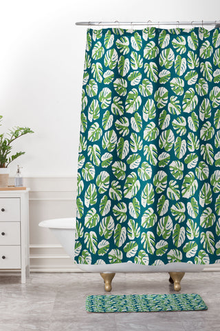Little Arrow Design Co variegated monstera on blue Shower Curtain And Mat