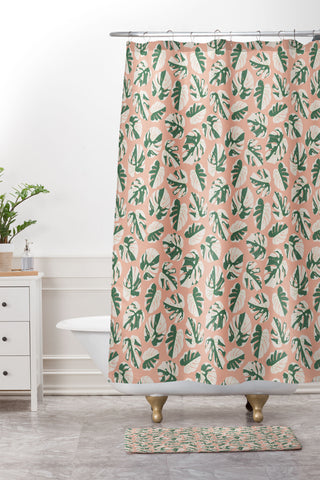 Little Arrow Design Co variegated monstera on pink Shower Curtain And Mat
