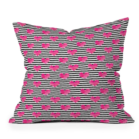 Little Arrow Design Co watercolor hearts on stripes Outdoor Throw Pillow