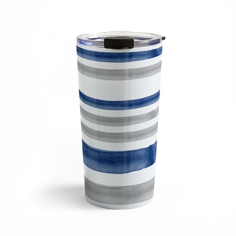 Little Arrow Design Co Watercolor Stripes Grey Blue Travel Mug