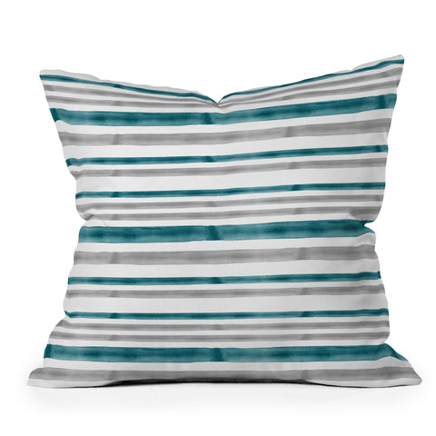Little Arrow Design Co Watercolor Stripes Grey Teal Outdoor Throw Pillow
