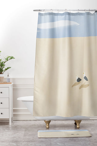 Little Dean Minimal sand beach with seagull Shower Curtain And Mat