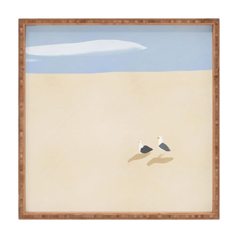 Little Dean Minimal sand beach with seagull Square Tray