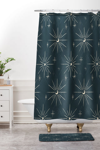 Little Om Pattern Little Moon navy Shower Curtain And Mat
