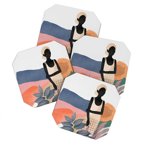 Lola Terracota Fashion modern portrait of a woman at home Coaster Set