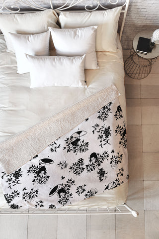 LouBruzzoni Black and white oriental pattern Fleece Throw Blanket