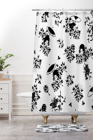 LouBruzzoni Black and white oriental pattern Shower Curtain And Mat