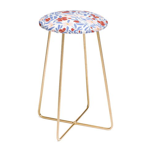 LouBruzzoni Blue and Orange vibrant bold flowers Counter Stool