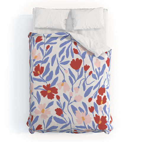 LouBruzzoni Blue and Orange vibrant bold flowers Duvet Cover