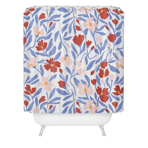LouBruzzoni Blue and Orange vibrant bold flowers Shower Curtain