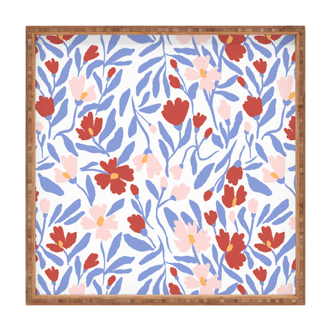 LouBruzzoni Blue and Orange vibrant bold flowers Square Tray