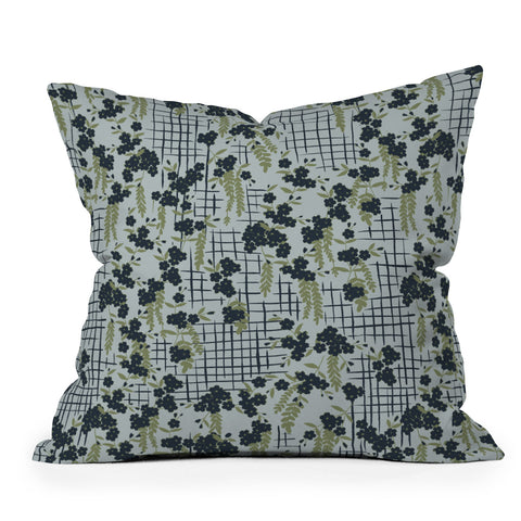LouBruzzoni Blue flowers and checks Outdoor Throw Pillow