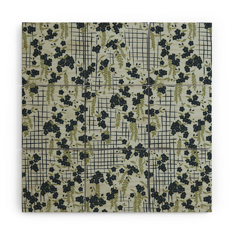 LouBruzzoni Blue flowers and checks Wood Wall Mural
