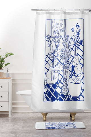 LouBruzzoni Blue line vases Shower Curtain And Mat