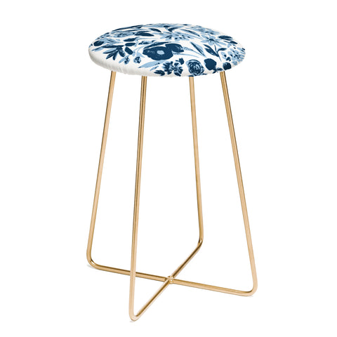 LouBruzzoni Blue monochrome artsy wildflowers Counter Stool