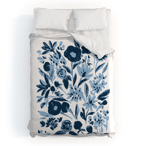 LouBruzzoni Blue monochrome artsy wildflowers Duvet Cover