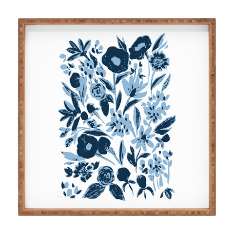 LouBruzzoni Blue monochrome artsy wildflowers Square Tray