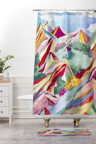 LouBruzzoni Gouache rainbow landscape Shower Curtain And Mat