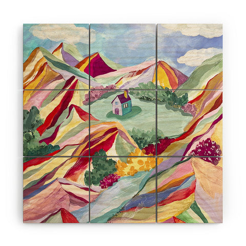 LouBruzzoni Gouache rainbow landscape Wood Wall Mural