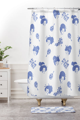 LouBruzzoni Light blue japanese pattern Shower Curtain And Mat