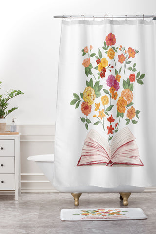 LouBruzzoni Open book blossom Orange Shower Curtain And Mat