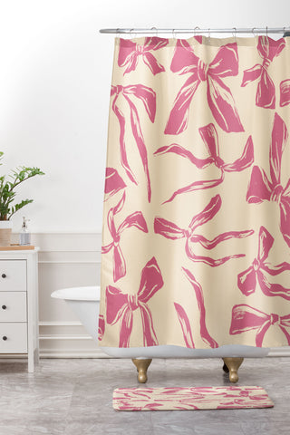 LouBruzzoni Pink bow pattern Shower Curtain And Mat