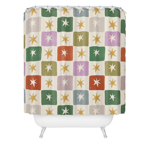 LouBruzzoni Retro Star Block Pattern Shower Curtain