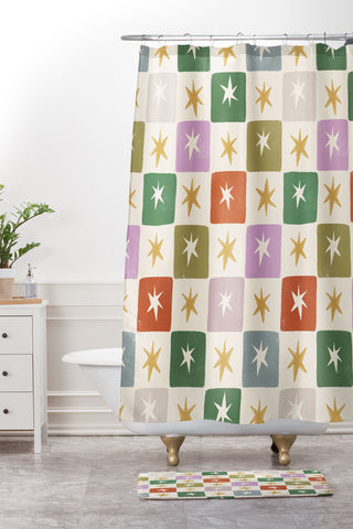 LouBruzzoni Retro Star Block Pattern Shower Curtain And Mat