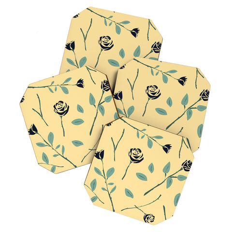 Lyman Creative Co Dark Forest Roses on Yellow Coaster Set