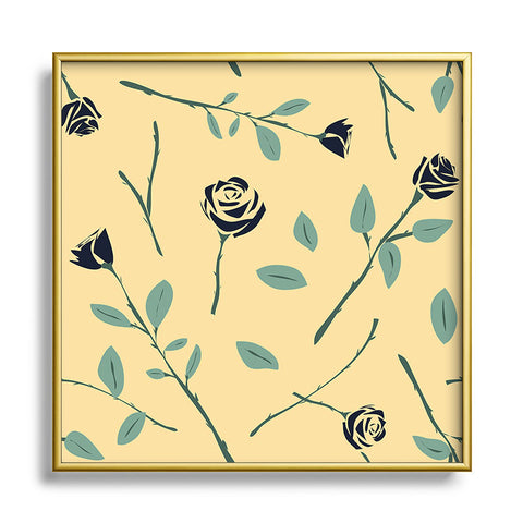 Lyman Creative Co Dark Forest Roses on Yellow Square Metal Framed Art Print