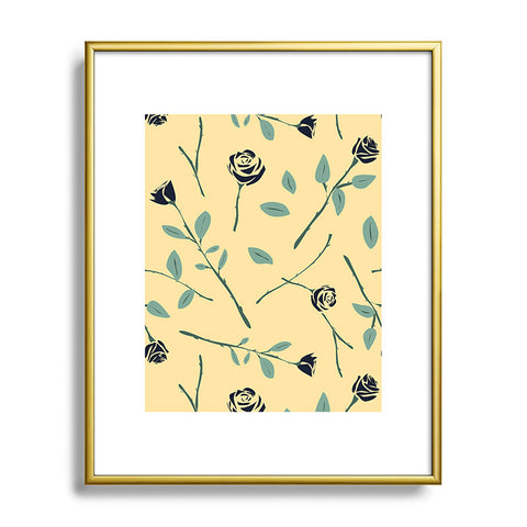 Lyman Creative Co Dark Forest Roses on Yellow Metal Framed Art Print