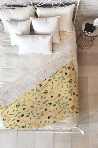 Lyman Creative Co Dark Forest Roses on Yellow Fleece Throw Blanket