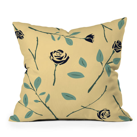 Lyman Creative Co Dark Forest Roses on Yellow Outdoor Throw Pillow